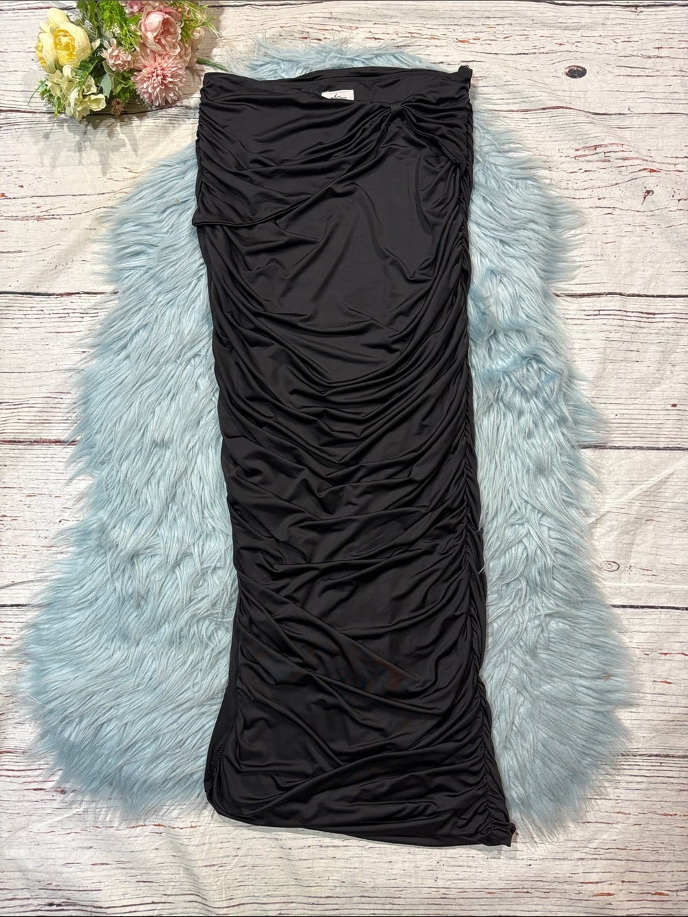 Oh Polly Black Ruched Draped Maxi Tie Satin Slit Side Skirt